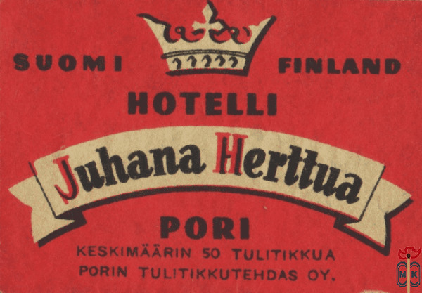 Juhana Herttua Suomi Finland hotelli Pori Keskimaarin 50 tulitikkua po