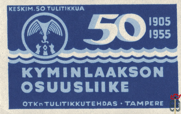 50 Kyminlaakson osuusliike keskim. 50 tulitikkua 1905 1955 otkn tuliti