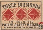 Three Diamonds impregnated patent safety match manufactured in Sweden