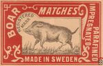 Boar registered mark parafined impregnated matches made in Sweden